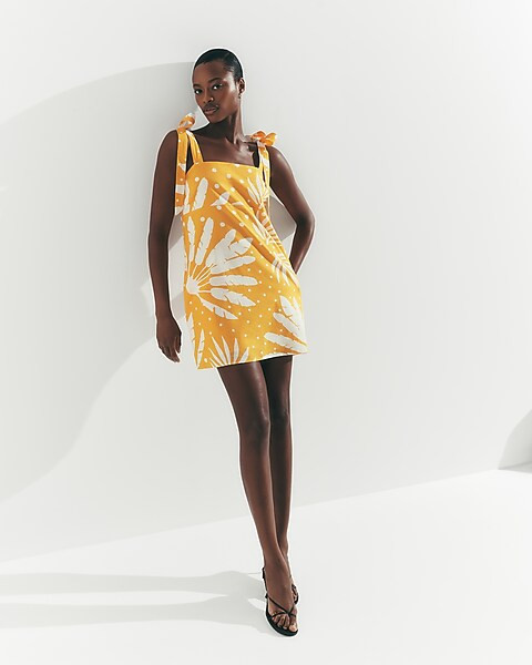 Linen-blend Printed Square Neck Tie Strap Mini Shift Dress | Express