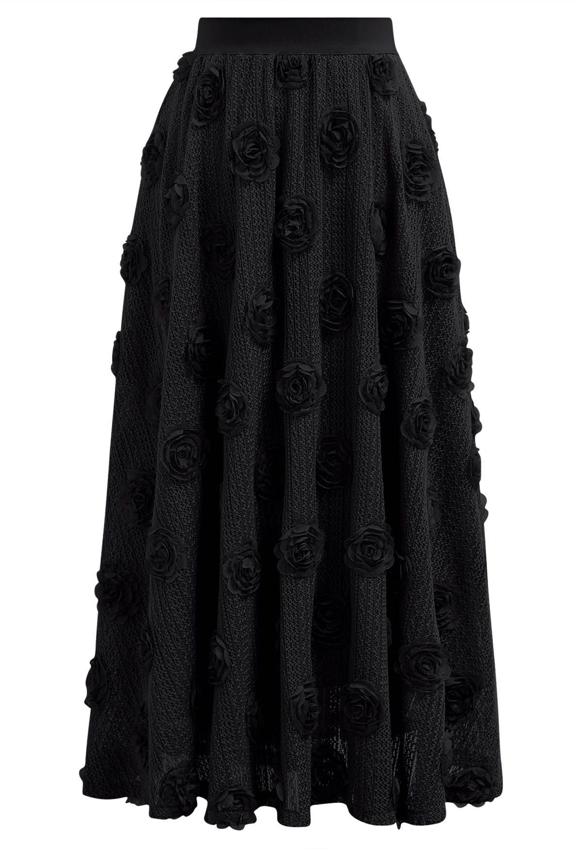 3D Rose Openwork Cotton Midi Skirt in Black | Chicwish