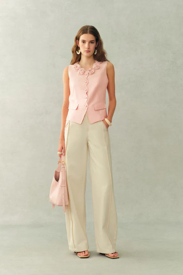 Cloris 3D Floral Neckline Sleeveless Vest Top in Silk Wool Satin | Fabrique