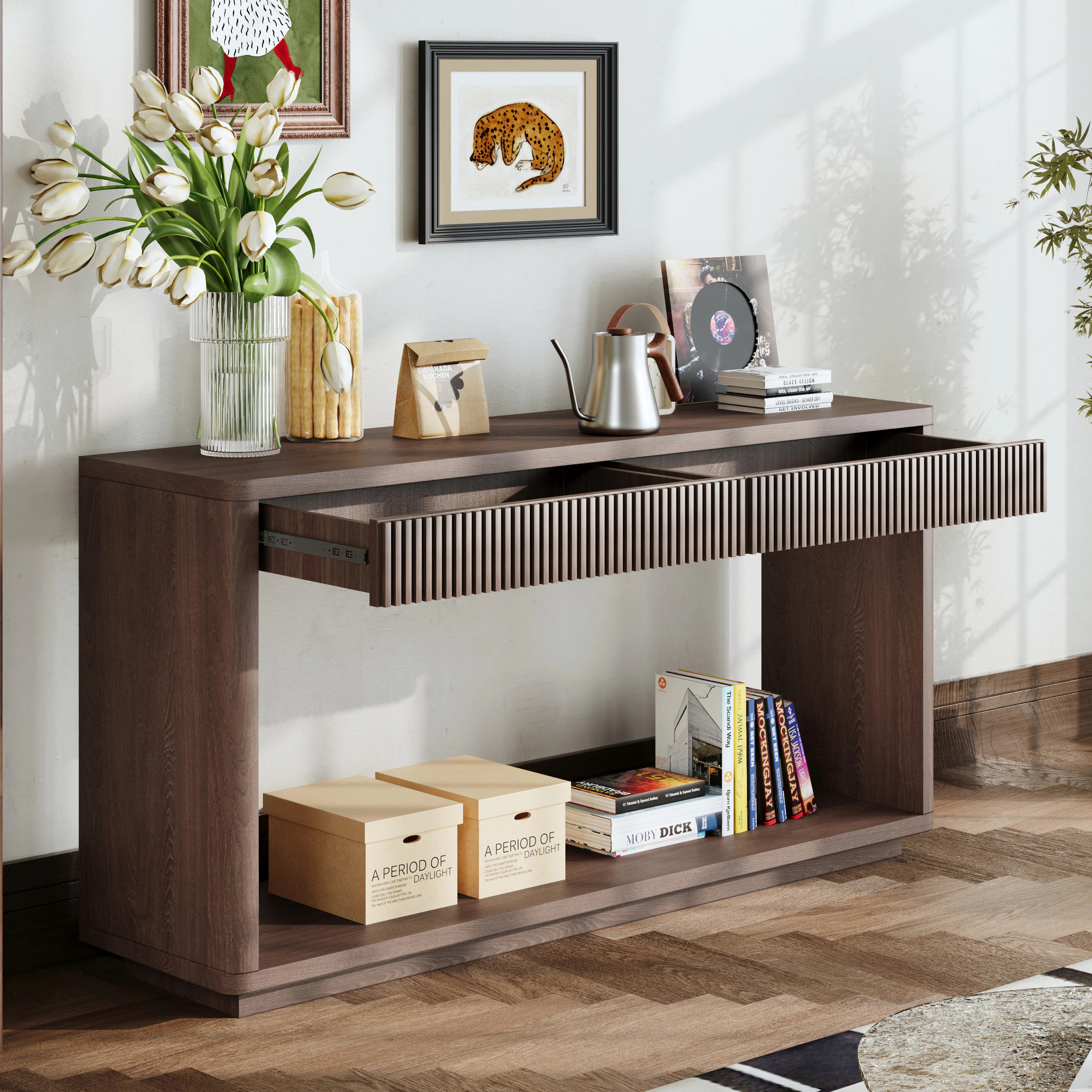 LUXEYARD 60Inch Modern 2 Drawer Fluted Console Table Natural Wood Veneer Sofa Table Behind Couch Table for Living Room Hallway Entryway Home Office | Lowe's