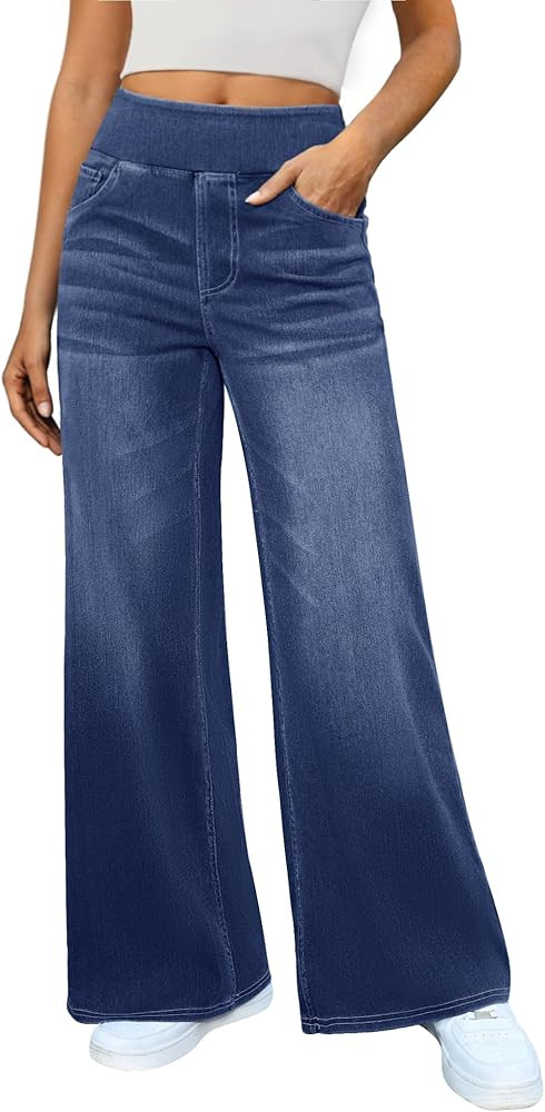 Women's Wide Leg Jeans High Waisted Stretchy Denim Pants Elastic Waist Pull On Sweatpant Jeans Tr... | Amazon (US)