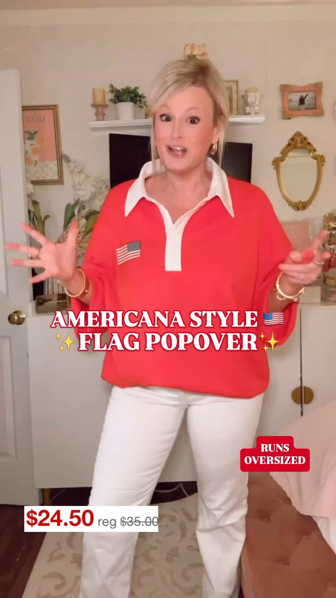 Target activewear | Fourth of July outfit | red polo sweatshirt | Americana outfit | preppy summer layer 

This red Target polo sweatshirt is on sale for $24 right now, and it is such a good preppy summer layer for Fourth of July outfits.

The vibrant red color, crisp white contrast collar, 5-button polo placket, subtle American flag graphic, drop shoulder sleeves, ribbed trim, oversized pullover fit, and midweight French terry fabric give it that sporty Americana look that feels perfect for summer.

It is the layer I would throw on with white shorts, denim shorts, leggings, a tennis skirt, activewear, white jeans, or over your shoulders with a casual summer outfit. It feels cute, easy, patriotic without being too much, and polished enough for everyday errands or summer travel.

Fit note: this runs oversized. I did a large and it is huge. I could have done my normal medium and still gotten an oversized fit, so I would stay true to size unless you want it extra roomy.

This is such a strong Target find for Fourth of July outfits, July 4th outfits, fireworks, lake weekends, beach nights, boat days, summer travel, school pickup, errands, casual summer outfits, and red white and blue outfits.

If you love Target activewear, preppy sweatshirts, polo sweatshirts, French terry sweatshirts, Americana outfits, patriotic outfits, summer athleisure, sporty preppy style, and affordable Target finds, this is one I would grab while it is marked down.

Target activewear, Target sweatshirt, Target fashion finds, red sweatshirt, polo sweatshirt, French terry sweatshirt, oversized sweatshirt, Fourth of July outfit, July 4th outfit, 4th of July outfit, Americana outfit, patriotic outfit, red white and blue outfit, preppy summer outfit, summer athleisure outfit, sporty preppy outfit, summer layer, Target style, designer look for less @Target 

#LTKFindsUnder50 #TargetFinds #TargetStyle #TargetActivewear #PreppyStyle #AmericanaStyle #MemorialDayOutfit #FourthOfJulyOutfit #SummerOutfit #AthleisureStyle

#LTKSaleAlert #LTKActive #LTKSeasonal