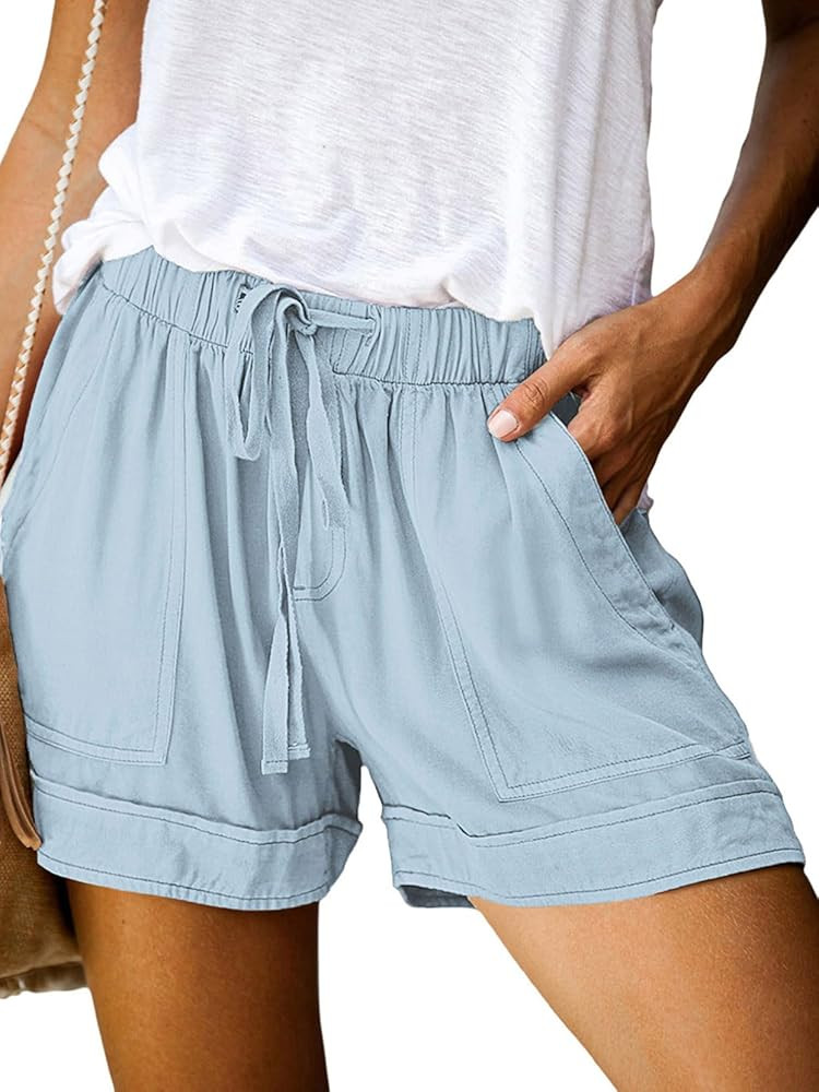 Basoteeuo Womens Shorts Summer Comfy Cotton Elastic Waist Drawstring Casual Shorts with Pockets | Amazon (US)