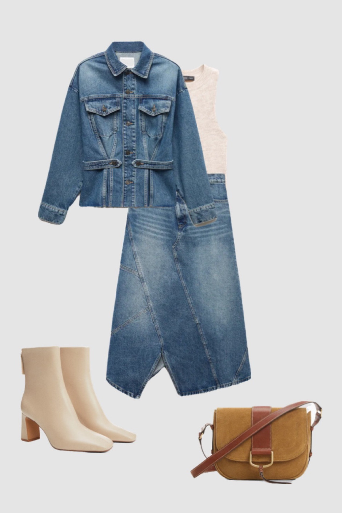 Elevated Canadian Tuxedo: Denim Midi Skirt, Top, Beige Boots, and Suede Bag

Put a stylish twist on the Canadian tuxedo for a dressy fall day! This outfit features a denim midi skirt paired with a denim top, beige ankle boots, and a chic suede bag. It's the perfect choice for those looking to make a fashion statement this fall. Find more fall outfit inspiration and rock your unique style. 🍂👢👜 #DressyFallOutfit #FashionInspo #FallFashion