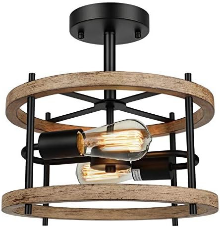 Lakumu 2-Light Retro Semi Flush Mount Ceiling Light Fixture, Rustic Vintage Wood Ceiling Light Black | Amazon (US)