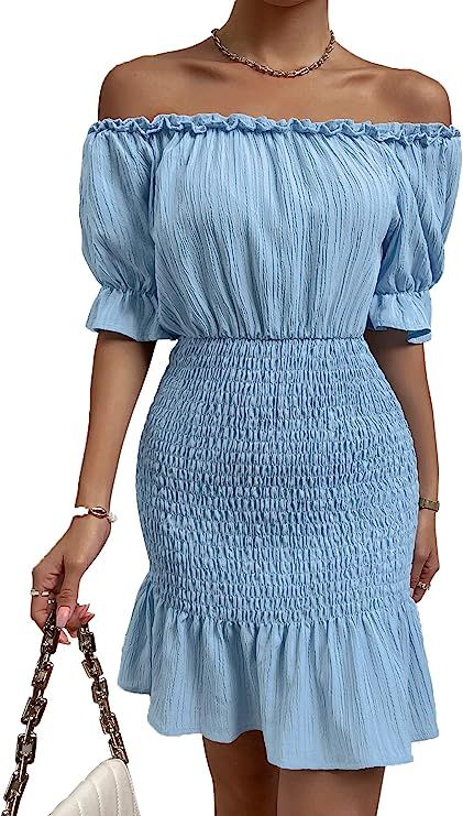 Lephissa 2023 Women's Wedding Guest Party Off Shoulder Dresses/Sleeveless Ruched Dress Puff Sleev... | Amazon (US)