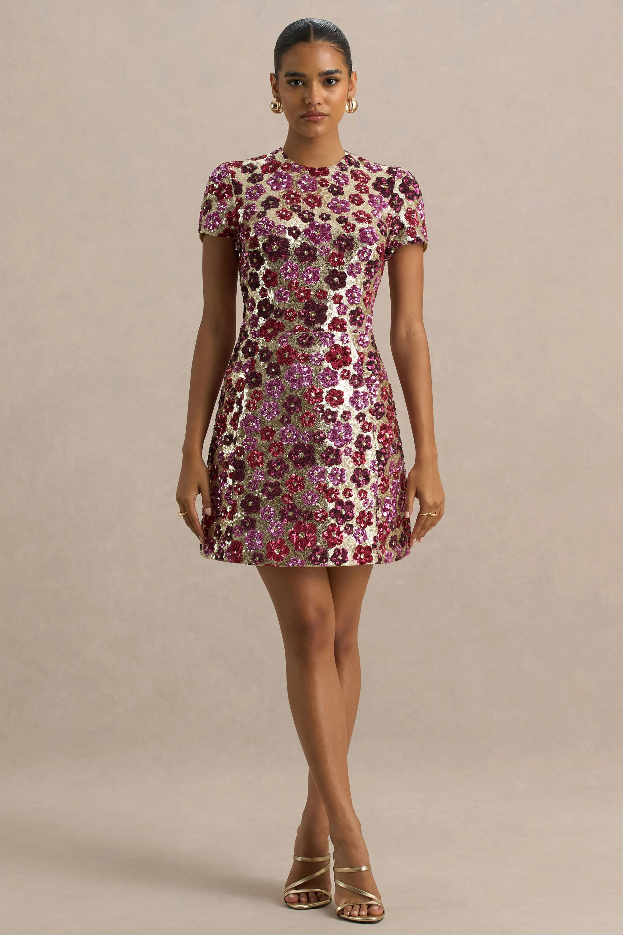 Eira  Pink Floral Embellished Sequin Crew-Neck Mini Dress | Club L London