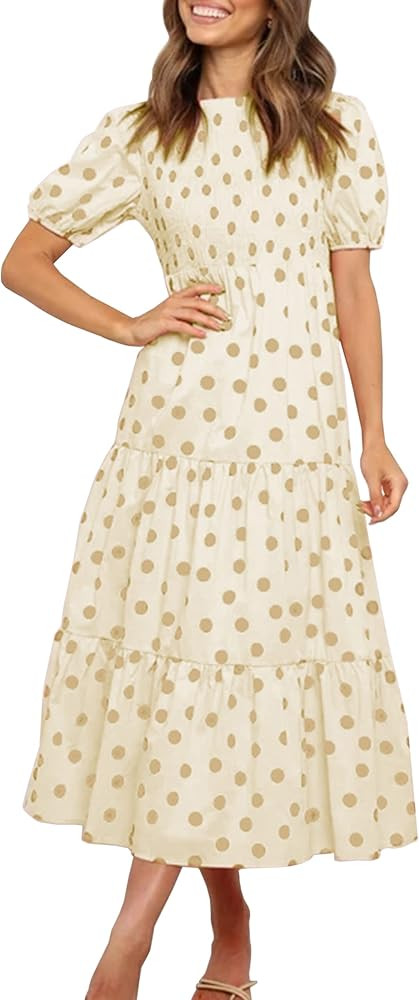 CCTOO Women's Dresses Casual Plaid Round Neck Short Puff Sleeve Ruffled Flowy Pleated Boho Midi G... | Amazon (US)