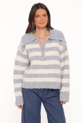 Angelica 1/4 Zip Sweater - Denim Blue Stripe | Petal & Pup (US)