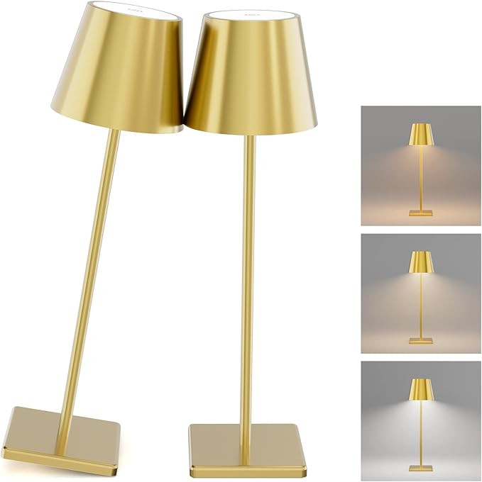 2 Pack Gold Cordless Table Lamp, 5500mAh Battery Powered Table Light Brass, 3 Color Temperatures ... | Amazon (US)