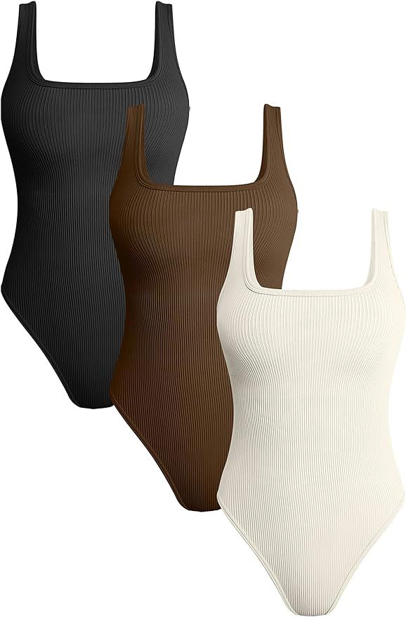 OQQ Women's 3 Piece Bodysuits Ribbed Square Neck Sleeveless Tank Tops Bodysuits | Amazon (US)