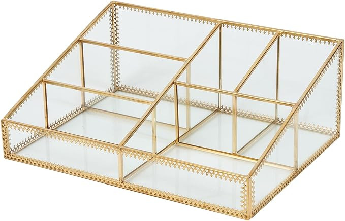 Gold Glass Makeup Organizer - Metal Perfume Organizer Makeup Brush Holder with Gold Trim for Vani... | Amazon (US)