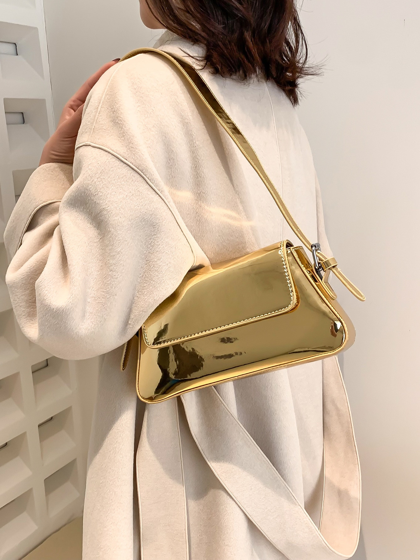 Metallic Flap Baguette Bag | SHEIN