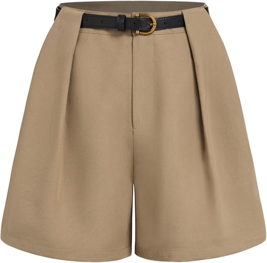 CIDER French Riviera Vacation Woven Mid Rise Pleated Shorts with Belt | Amazon (US)