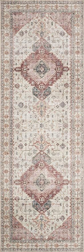 Loloi II Skye Collection Printed Distressed Vintage Area Rug, 2'-6" x 7'-6" Runner, Ivory/Berry | Amazon (US)