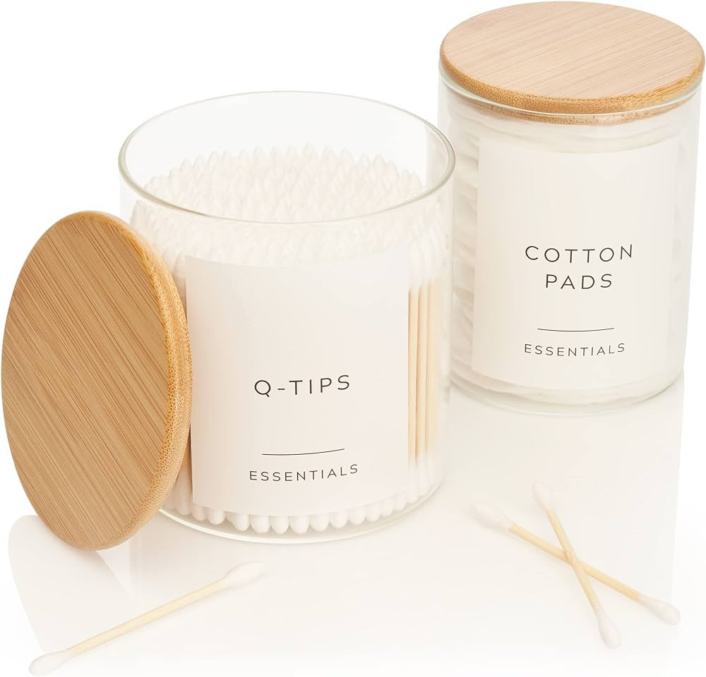 KIBAGA Beautiful Qtip And Cotton Ball Holder Set of 2 - Modern Dispenser w Lids Incl. Seven Minim... | Amazon (US)
