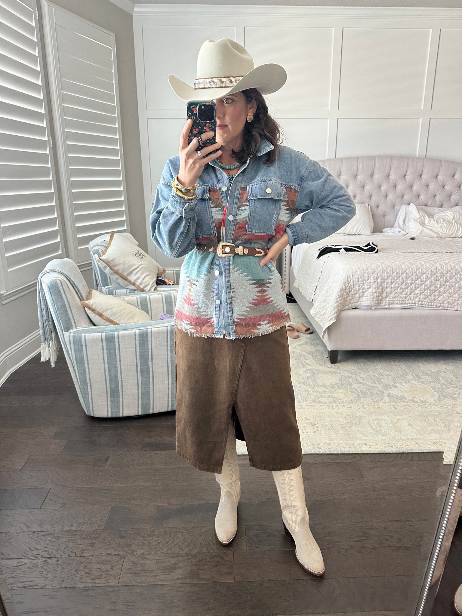 Amazon denim jacket (long) - small true to size (oversized fit)
Midi length brown skirt 
Boots / cowboy boots - tts 
Stud belt - comes in a 2 pack! Love this purchase. 




Rodeo love / cowboy / cowboy boots / western chic / western outfit / rodeo look / boots / midi skirt / denim jacket / 

#LTKStyleTip #LTKOver40 #LTKFindsUnder50