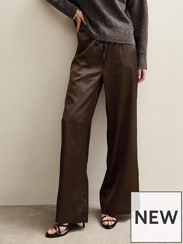 New Look Satin Wide Leg Trousers - Dark Brown | Very (UK)