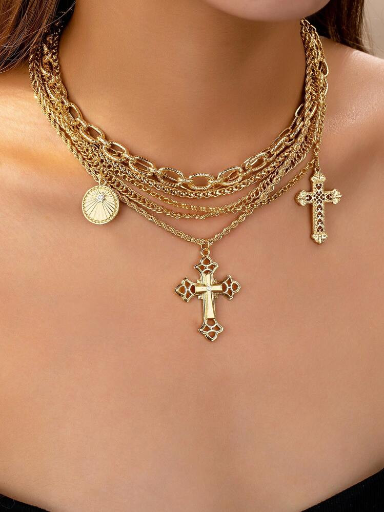 1 Pc Layering Chain Necklace With Cross Pendant , Women Cross Charm Necklace , Chunky Layered Chain Necklaces Jewelry | SHEIN