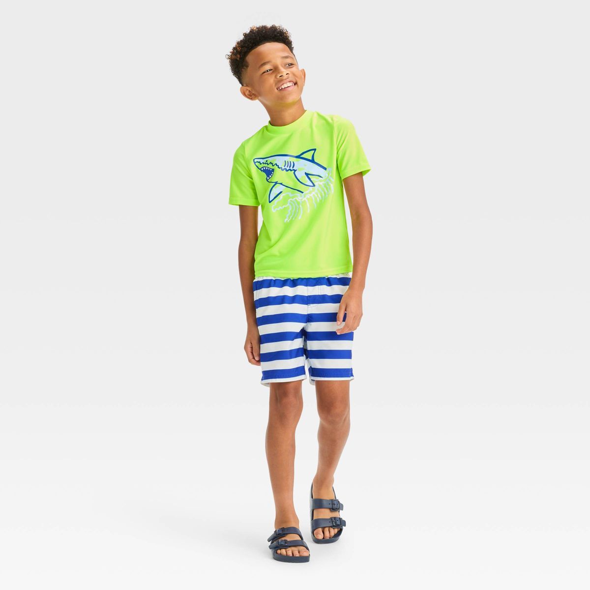 Boys' Short Sleeve Shark Printed & Striped Rash Guard Top & Swim Shorts Set - Cat & Jack™ White... | Target