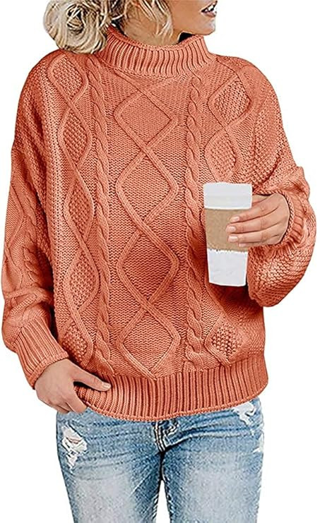 Womens Turtleneck Oversized Sweaters Batwing Sleeve Cable Knit Pullover Chunky Loose Jumper Tops | Amazon (US)