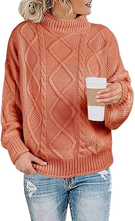 Womens Turtleneck Oversized Sweaters Batwing Sleeve Cable Knit Pullover Chunky Loose Jumper Tops | Amazon (US)