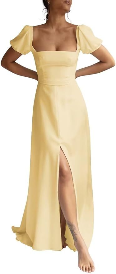 Puffy Short Sleeve Wedding Dresses for Bride Square Neck Bridesmaid Dresses with Slit Formal Prom... | Amazon (US)