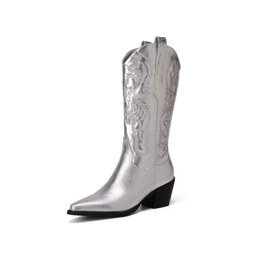CIERWS Women's Embroidered Western Silver Cowboy Boots Mid Calf Boots Metal PU Medium Heel Silver Cowboy Boots Women | Amazon (US)