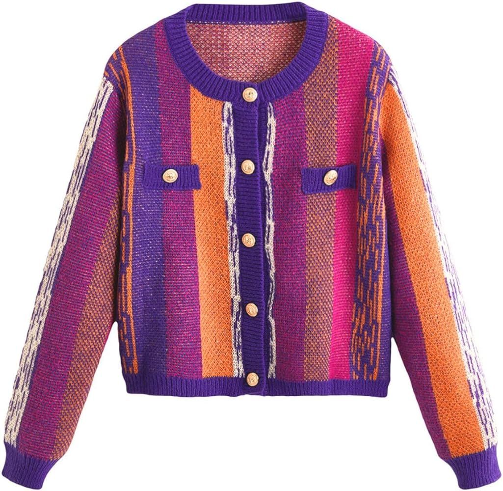 SHENHE Women's Colorful Cardigan Long Sleeve Crewneck Button Vintage Cropped Cardigan | Amazon (US)