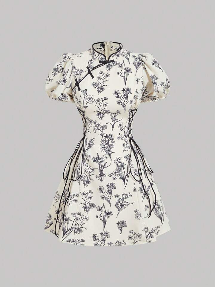 SHEIN MOD Met nauwsluitende taille dames zwart-witte bloemen Chinese stijl korte jurk met pofmouw... | SHEIN