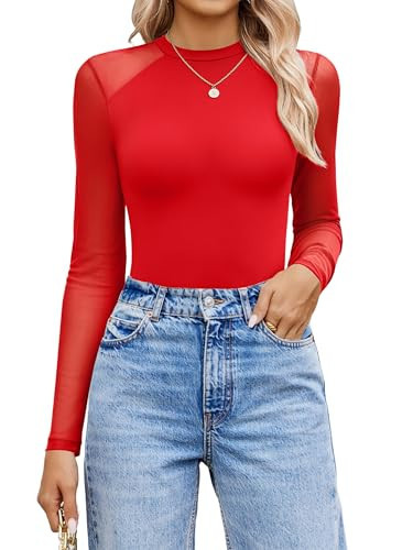 Avidlove Bodysuit for Women Crew Neck Long Sleeve Mesh Sheer Body SuitsTops Winter Outfits（Red,S） | Amazon (US)