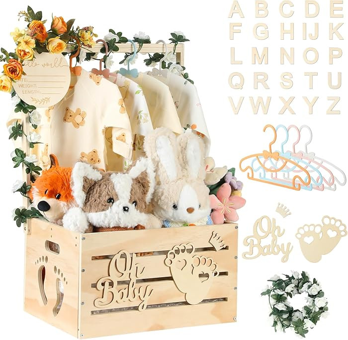Large Wooden Baby Shower Crate Closet, Customizable Baby Shower Basket with Handle and Garland, N... | Amazon (US)