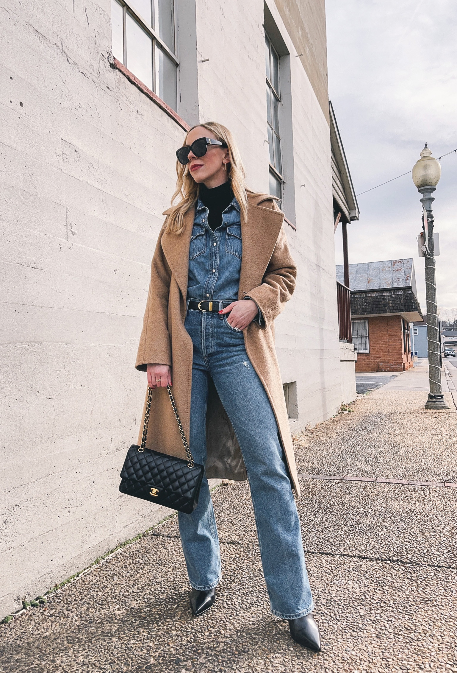 Denim on denim outfit, camel coat, Max Mara coat, denim shirt, bootcut jeans, all denim outfit 

#LTKunder100 #LTKstyletip #LTKSeasonal