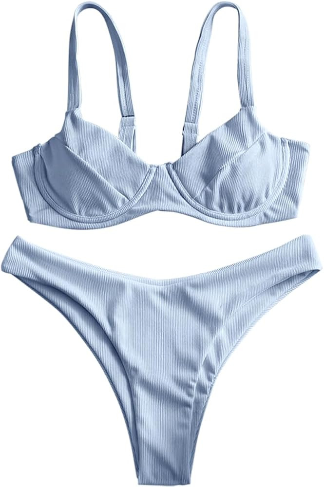 ZAFUL Women's Ribbed Underwire Bikini Set High Cut Colorblock V Notch Swimwear Printed High Leg S... | Amazon (US)