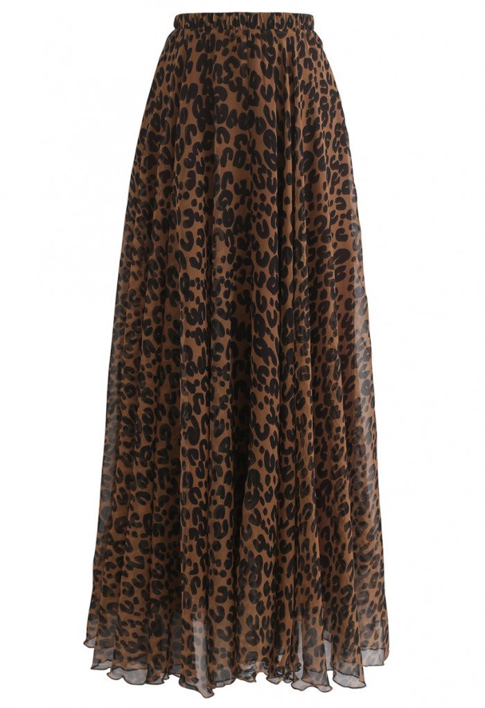 Leopard Watercolor Maxi Skirt in Brown | Chicwish
