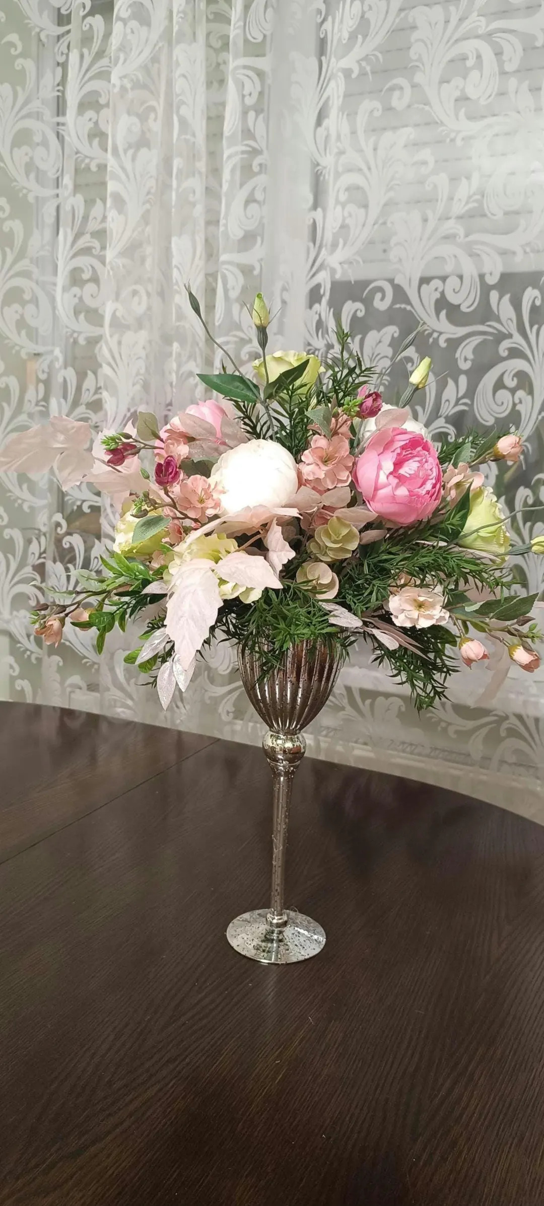 Large 26 Silk Peony Rose Floral Arrangement, Luxury Centerpiece, Silver Pedestal Vase - Etsy | Etsy (Global)