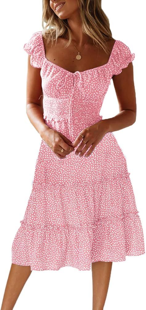 Womens Summer Dress V Neck Boho Floral Smocked Dress Ruffle Flowy Puffy Sleeve Sexy Mini Dresses | Amazon (US)