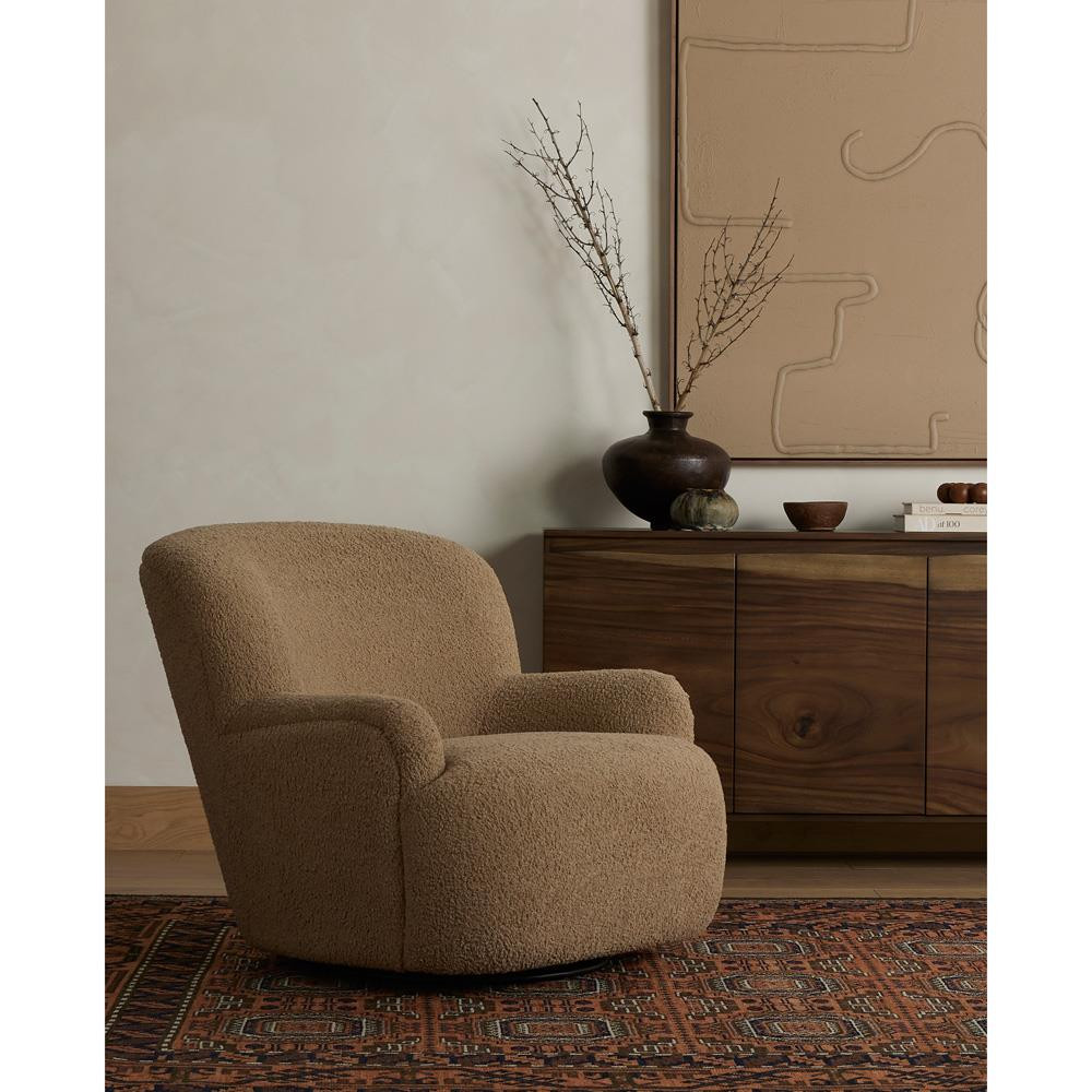 Kaden Modern Brown Upholstered Boucle Wood Frame Wingback Swivel Arm Chair | Kathy Kuo Home