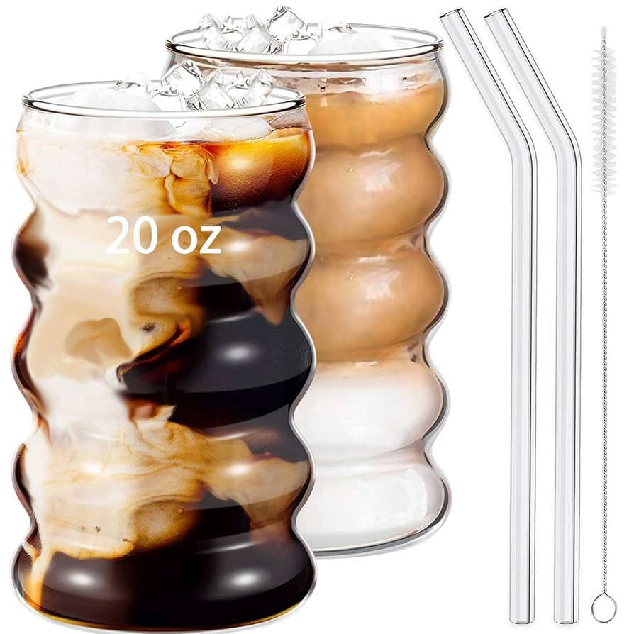 2 Pcs 20oz Drinking Glasses Set with Straws, Cute Iced Coffee Glass Cups, Iced Coffee Tumblers, T... | Amazon (US)