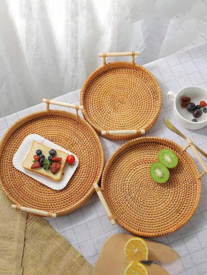 1pc Hand-Woven Fruit Basket, Bread Basket With Handle, Flat Tray, Wicker Fruit Basket, Hand-Woven Raised Ear Basket, Japanese-Style Bread Basket, Steamer Basket, Home Living Room Storage Basket Display Tray, Cot Accessories, Hospital Bag Essentials, Grey Storage Basket, Basket Small, Home Storage, Bathroom Storage, Kitchen Basket | SHEIN