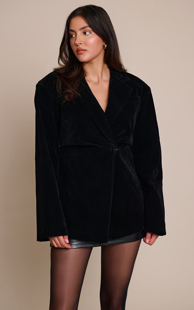Black Faux Suede Cinch Waist Blazer | PrettyLittleThing UK