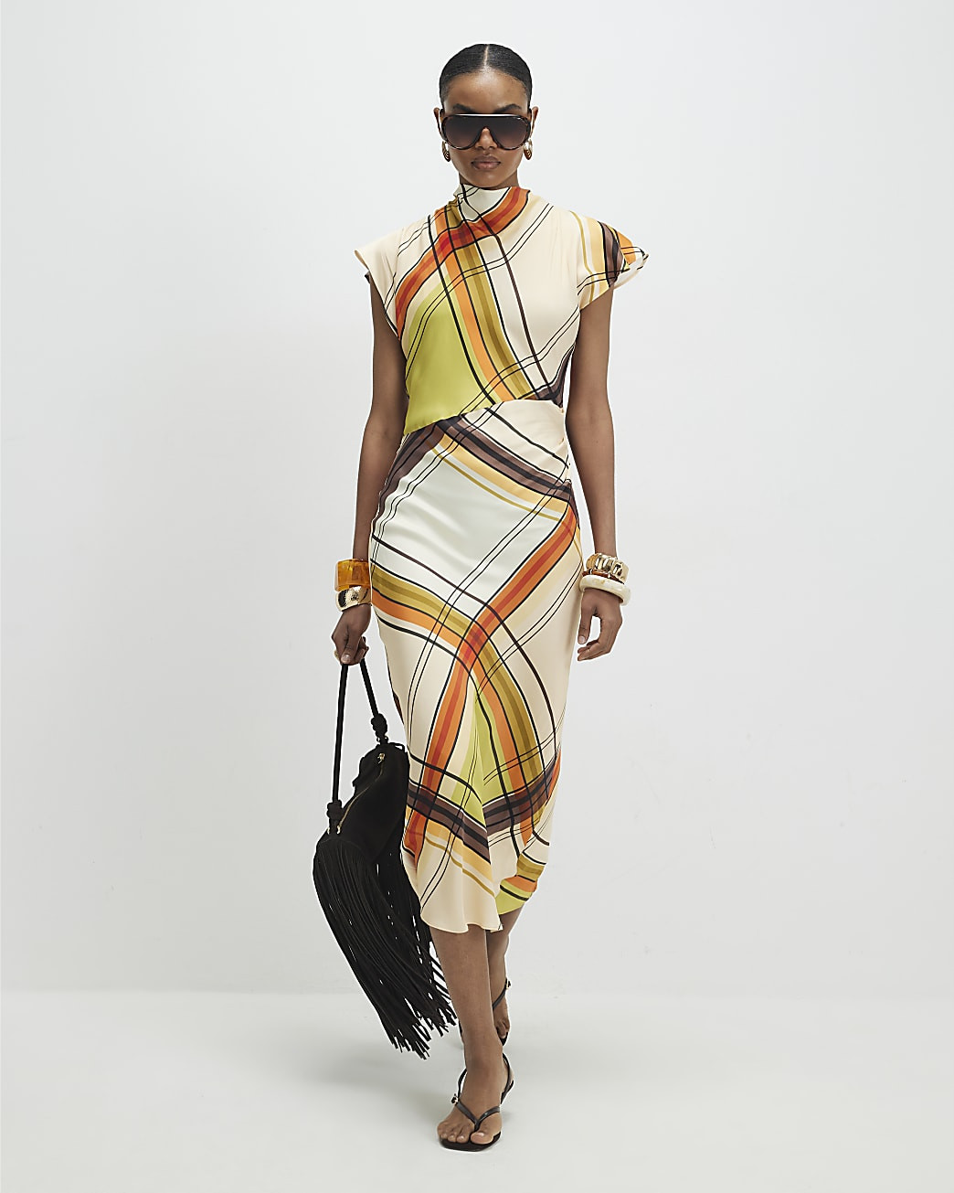 Green Check Print Column Midi Dress | River Island UK & IE