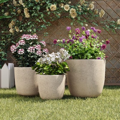 Set of 3 Lightweight Matte MGO Planters, Modern Round Concrete-Style Outdoor Flower Pots with Dra... | Target