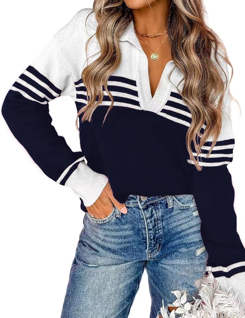 CiCiBird Women Fall V Neck Sweater Color Block Polo Long Sleeve Shirt Casual Loose Striped Pullov... | Amazon (US)