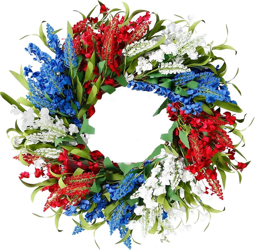 Sggvecsy 21Inch 4th of July Patriotic Day Wreath Artificial Floral Wreath with Red Blue White Lav... | Amazon (US)