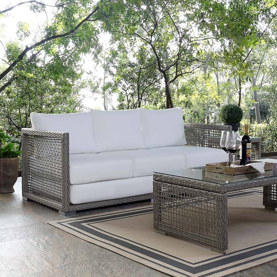 Modway Aura Outdoor Patio Wicker Rattan, Sofa, Gray White | Amazon (US)