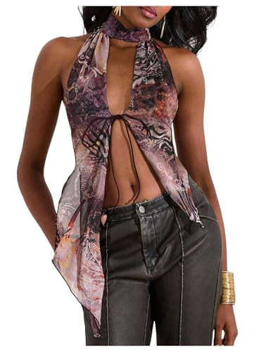 MakeMeChic Women's Cheetah Print Halter Top Y2K Tie Front Backless Club Going Out Tank Tops Leopard Multi X-Small | Amazon (US)