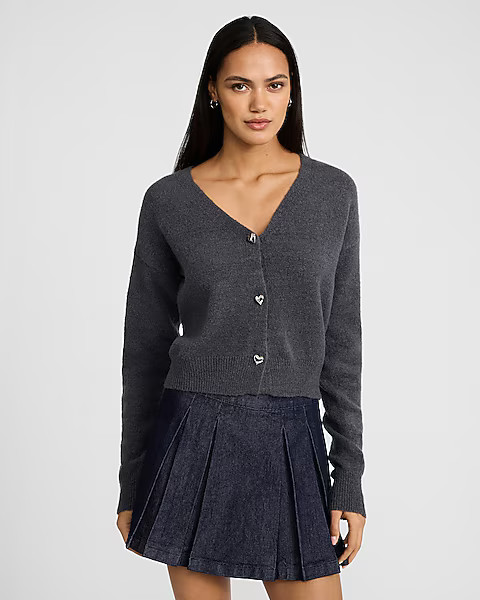 V-Neck Heart Button Cardigan | Express