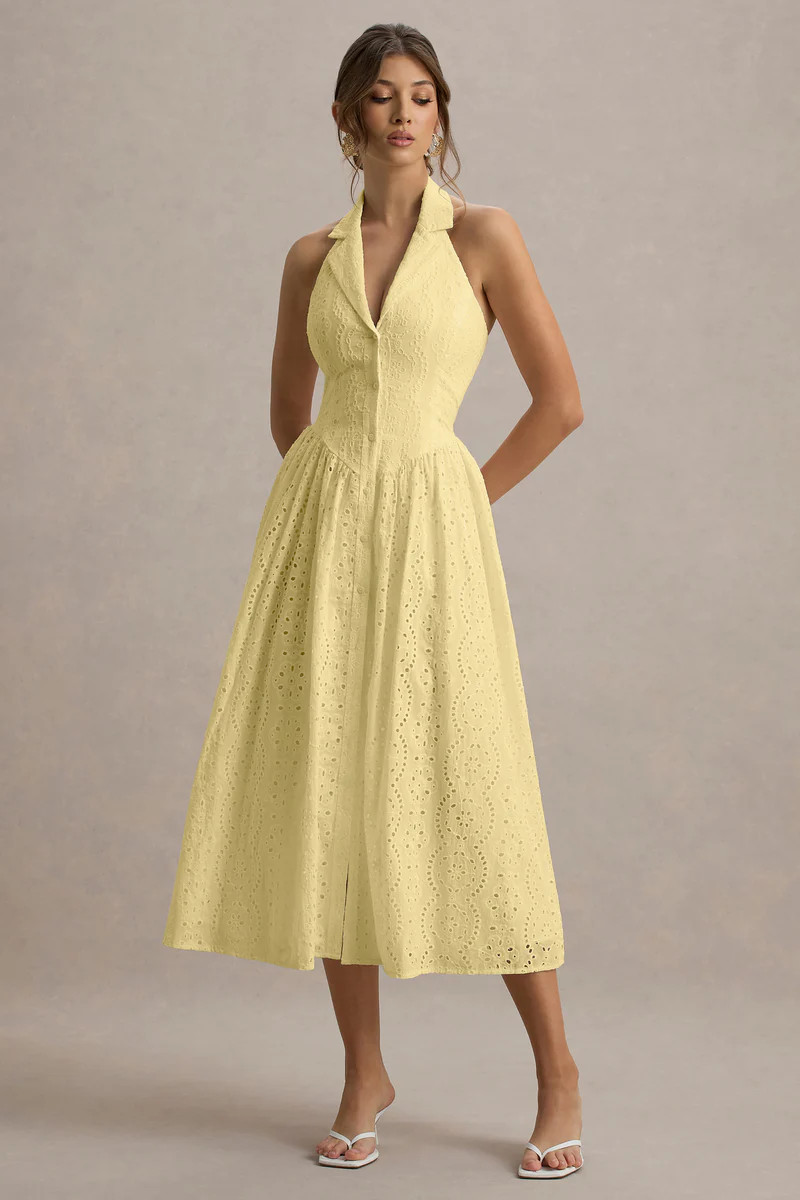 Jezebel  Yellow Lace Plunge-Neck Collared Midi Dress | Club L London