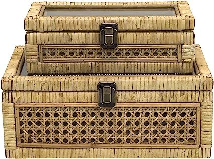 HUAXIN CRAFT H Rattan Box with Lids, Rectangular Woven Case with Glass for Display, Set of 2 Wick... | Amazon (US)